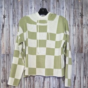 GIANNI FERAUD Olive and White Checkered Women's Hooded Sweater SIZE 6